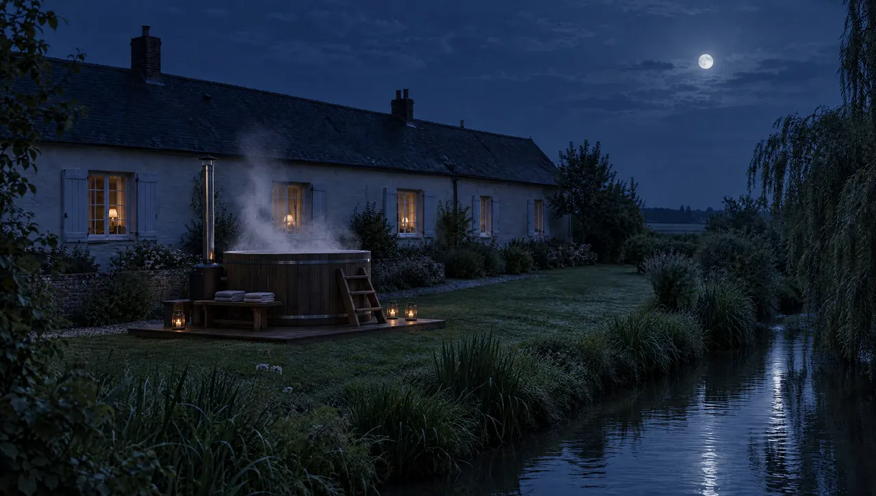 Le bac de mélèze du bain nordique, fumant dans le jardin à la nuit tombée