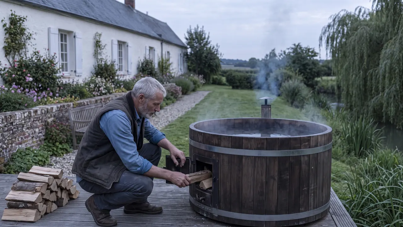 Bruno alimente le poêle à bois du bain nordique, dans le jardin