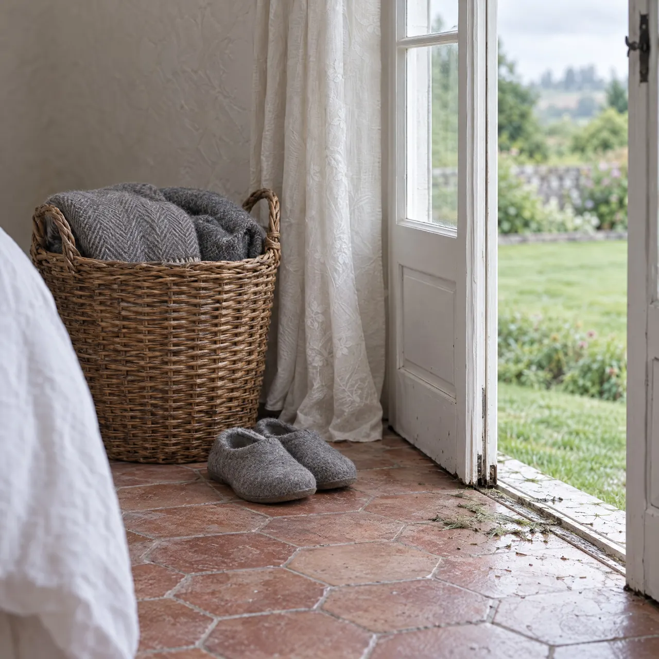 Panier de bûches et jeu de cartes posés sur le coffre en bois de la chambre Croissant