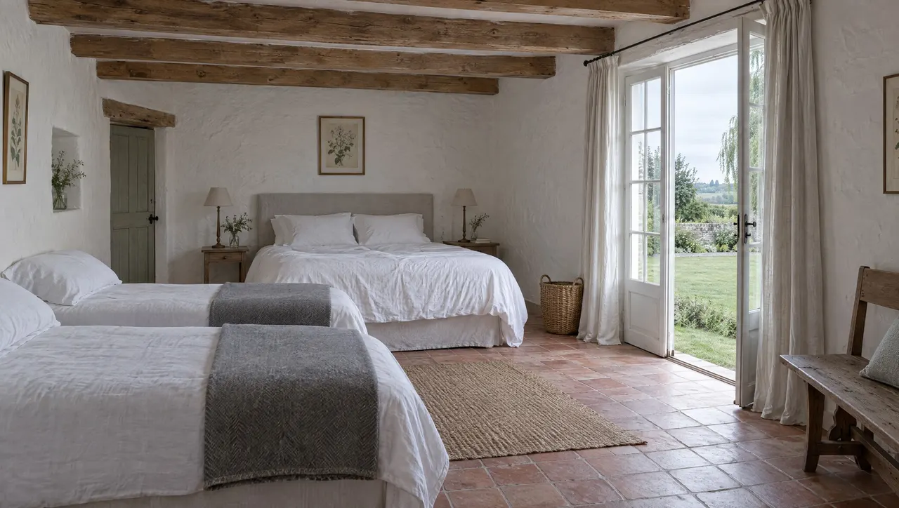 Chambre Croissant en rez-de-jardin, lit de 160 et deux lits de 90 le long du mur, porte-fenêtre ouverte sur le jardin