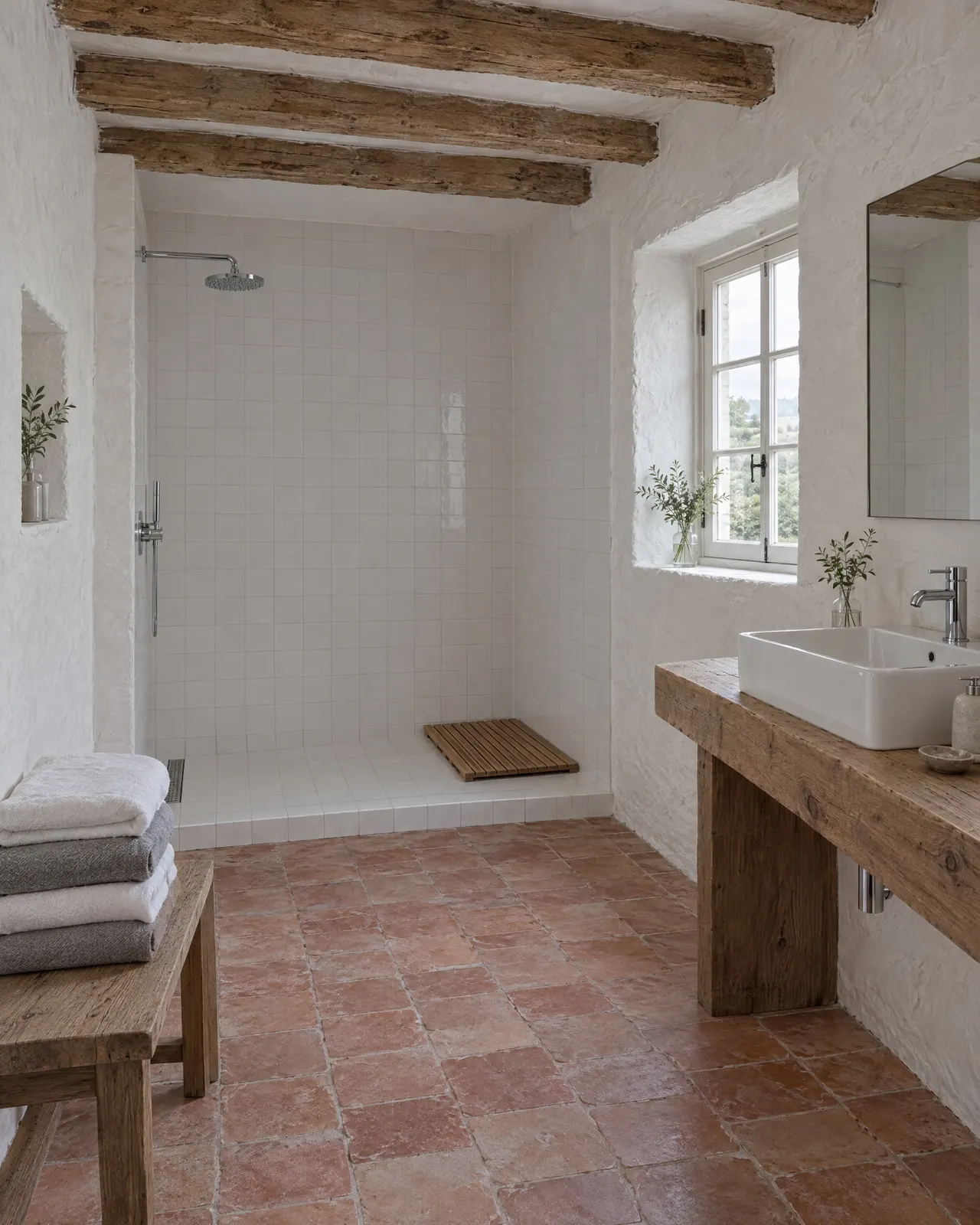La douche de la chambre Croissant, banc en bois et serviettes pliées sur une étagère