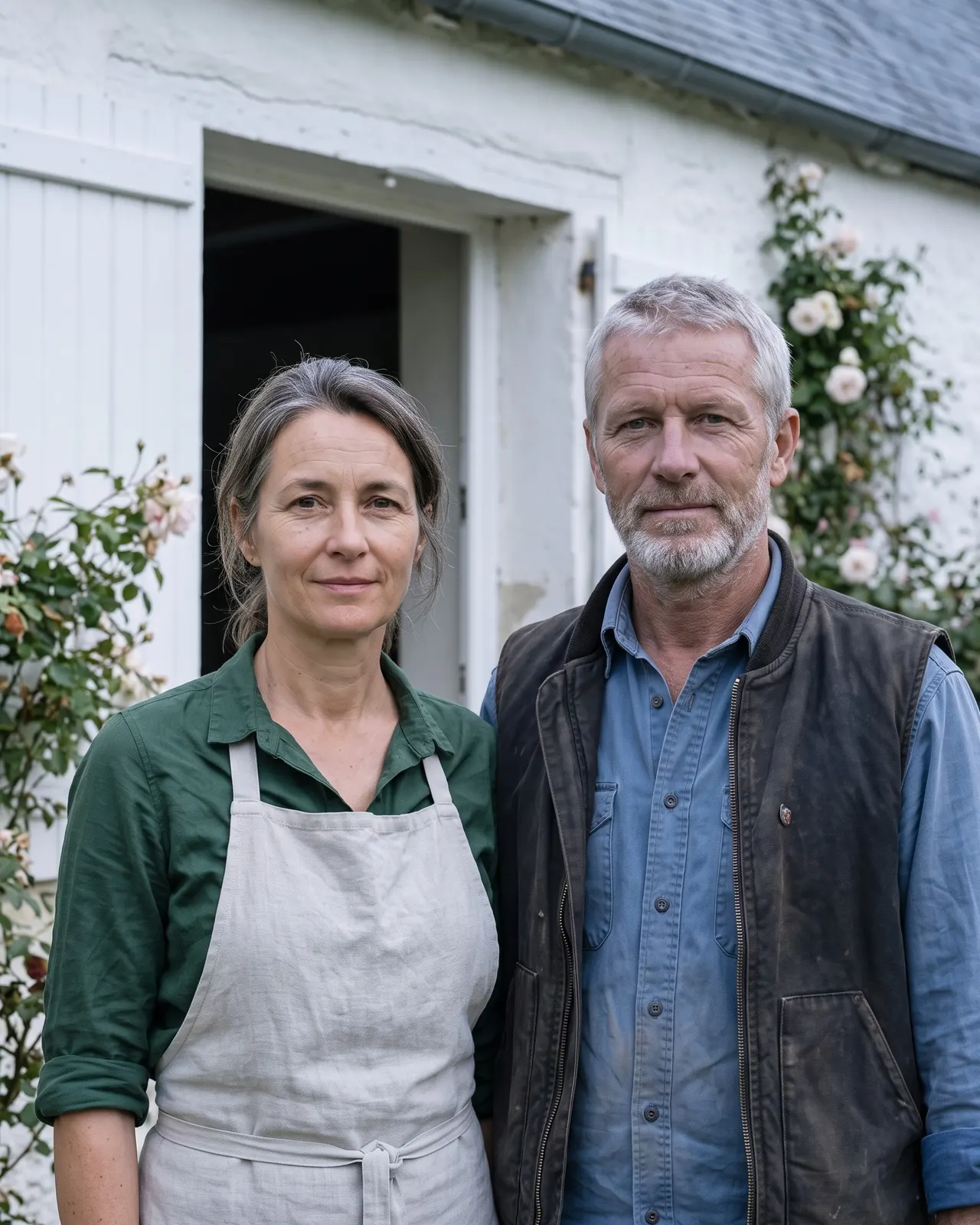 Hélène et Bruno devant la porte de la longère, en fin de journée