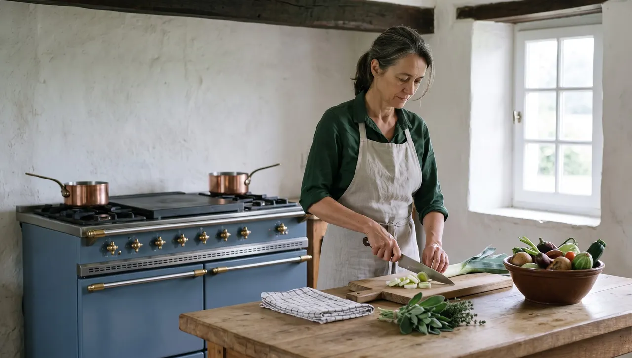Hélène émince des poireaux sur la table de travail de la cuisine de l'auberge