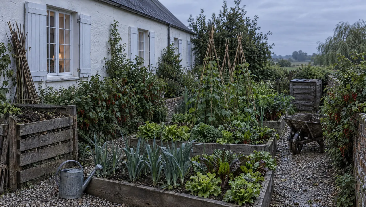 Le potager de l'auberge, rangs de salades et tuteurs de haricots devant un mur de craie