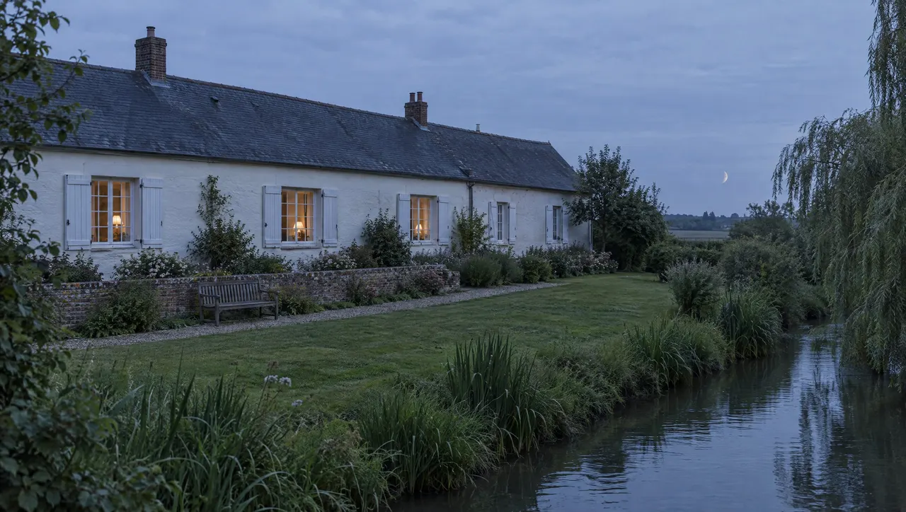 La longère blanche et son toit d'ardoise au crépuscule, trois fenêtres éclairées, le jardin descendant vers l'Authie et la lune levante