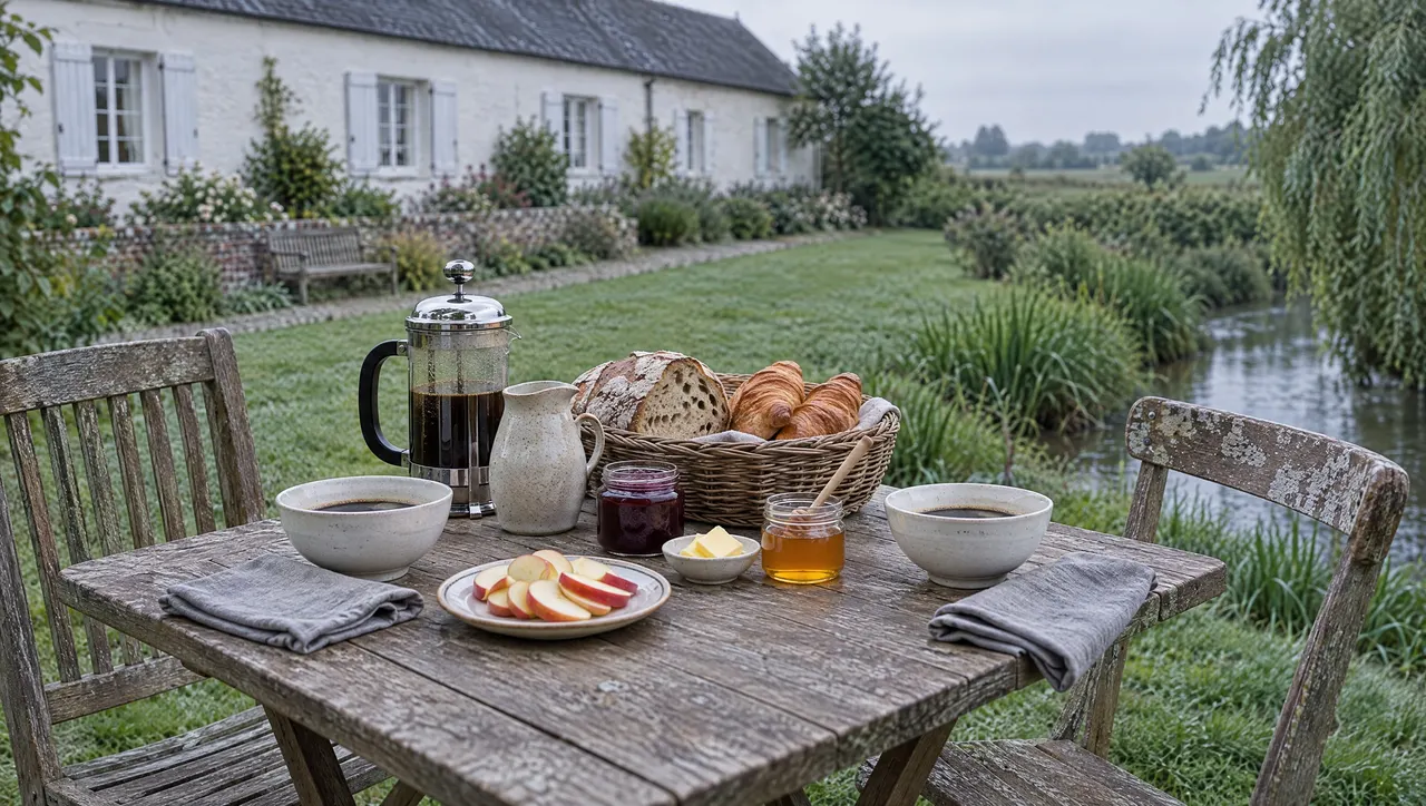 Petit-déjeuner posé sur la table du jardin : pain tranché, pots de confiture, cafetière et fruits