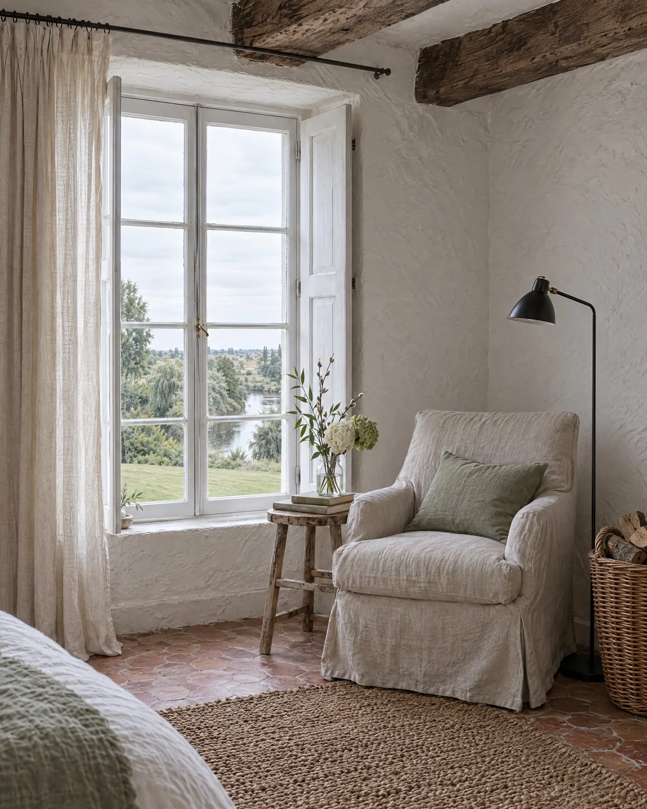 Le coin lecture de la chambre Pleine Lune, fauteuil en tissu écru et lampe sur pied près de la fenêtre ouverte sur la vallée