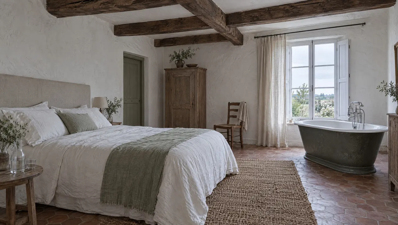 Chambre Pleine Lune vue d'ensemble, lit de 180 face à la fenêtre à petits carreaux et à volets intérieurs, murs chaulés et poutres apparentes