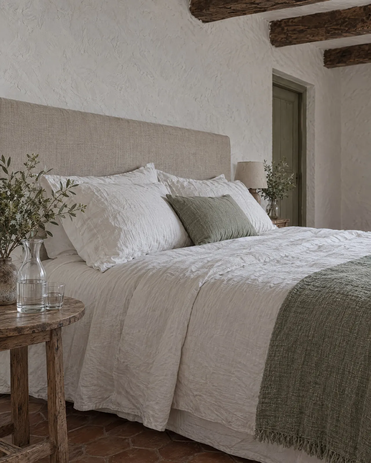 Le lit de 180 de la chambre Pleine Lune, drap de lin froissé et liseuse de chaque côté