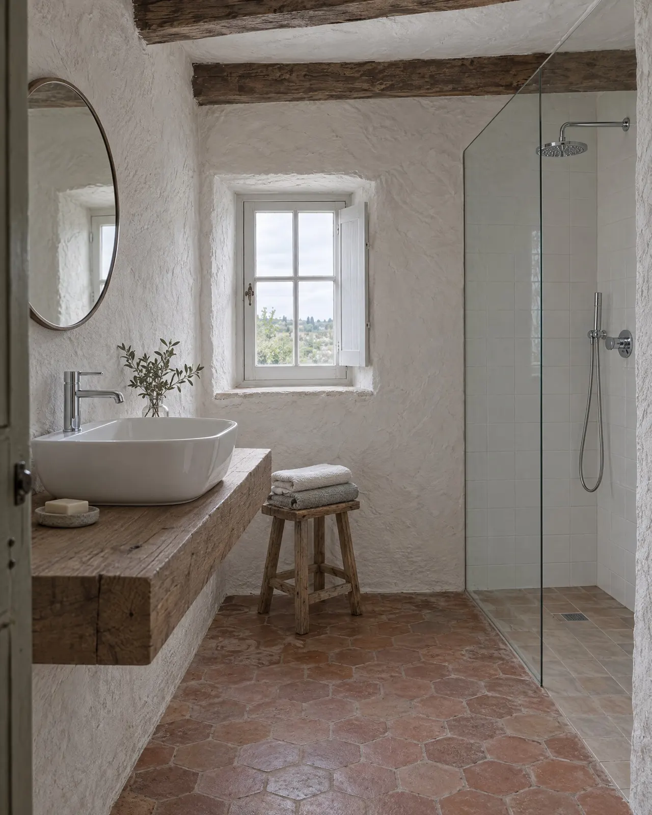 La baignoire îlot de la chambre Pleine Lune posée sur des tomettes, douche en retrait au fond