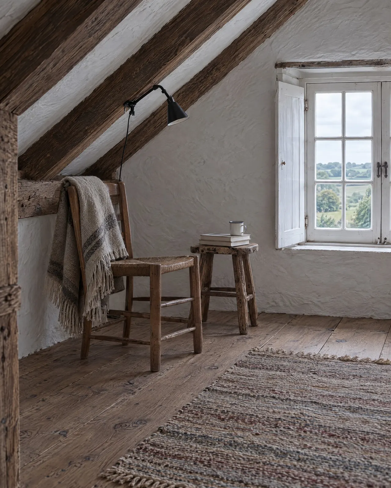 Chaise paillée et tabouret de bois sous la fenêtre de la chambre Quartier, pile de livres et tasse posées sur le tabouret