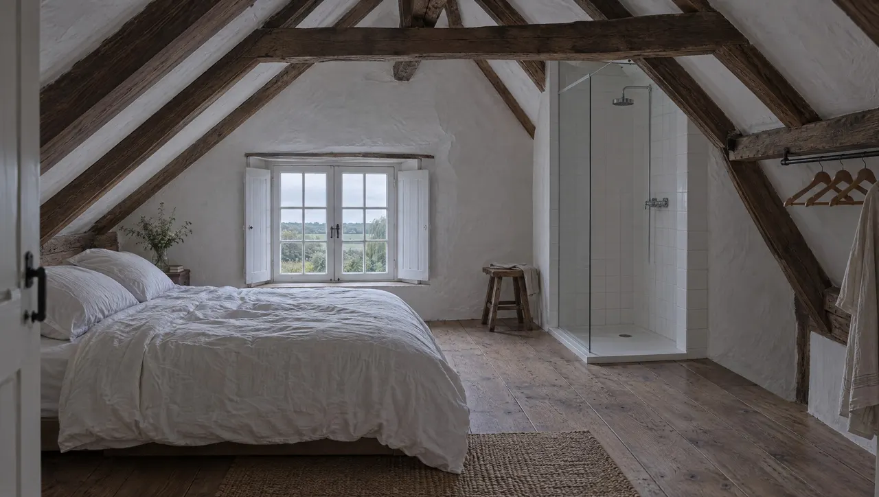 Chambre Quartier sous les toits, lit de 160 entre deux pentes de charpente, murs chaulés et plancher large