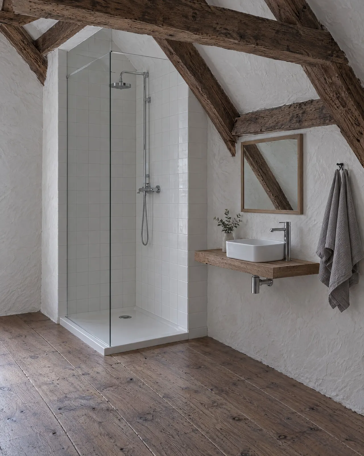 La douche de la chambre Quartier sous la pente, paroi de verre et carrelage blanc