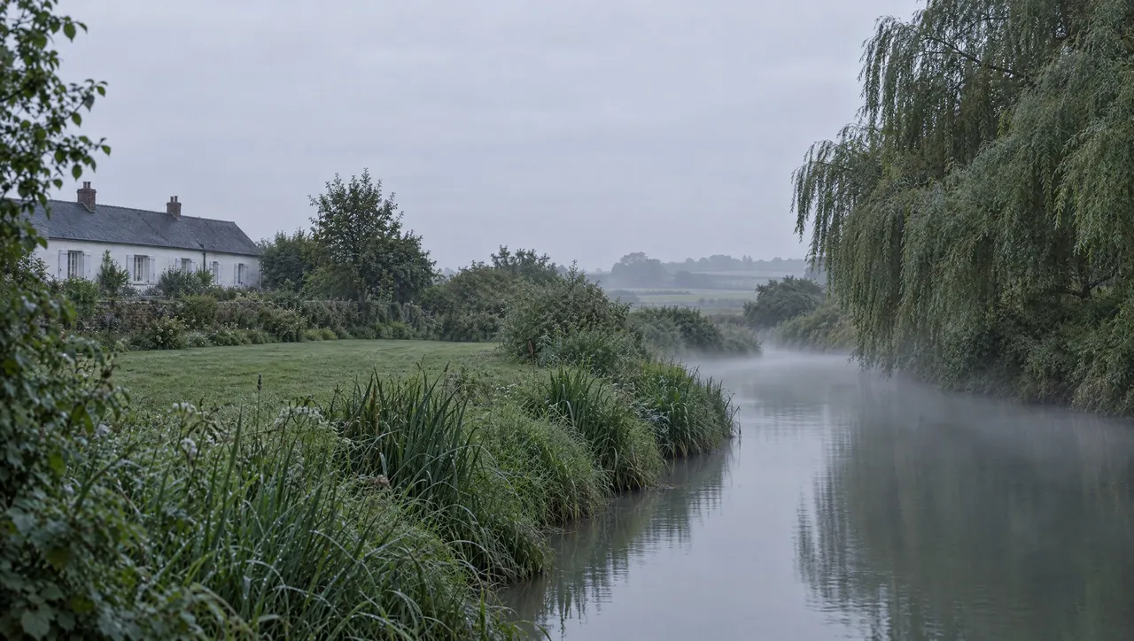 L'Authie au petit matin, brume basse sur l'eau et herbes hautes sur la berge