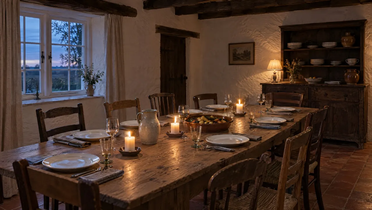 Table commune dressée pour le dîner, nappe de lin, bougies et assiettes blanches dans la salle voûtée